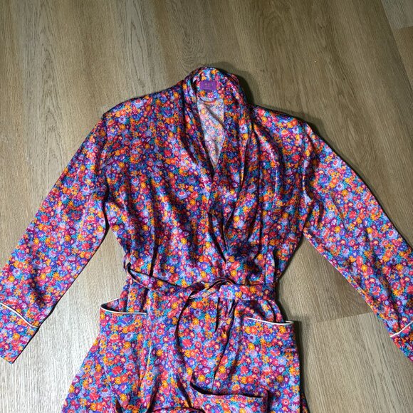 Liberty of London silk floral robe size M medium pink purple blue long pockets - Picture 7 of 10